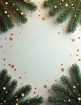 Fir tree branches create a festive border, with scattered golden stars and lights enhancing the joyful atmosphere of Christmas and New Year celebrations, evoking warmth and cheer. Generative AI.