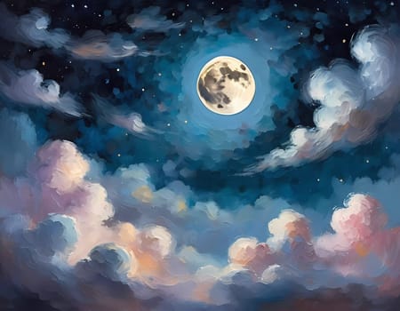A full moon illuminates a night sky filled with fluffy clouds painted in varying shades of blue, purple, and soft white. Twinkling stars add a magical touch to this serene scene. Generative AI.