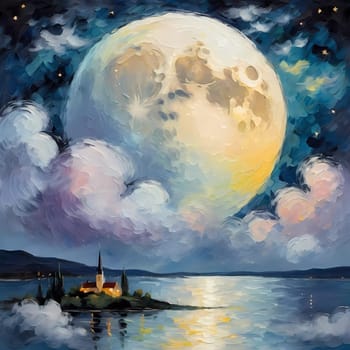 A full moon illuminates a night sky filled with fluffy clouds painted in varying shades of blue, purple, and soft white. Twinkling stars add a magical touch to this serene scene. Generative AI.
