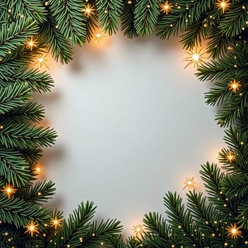 Fir tree branches create a festive border, with scattered golden stars and lights enhancing the joyful atmosphere of Christmas and New Year celebrations, evoking warmth and cheer. Generative AI.