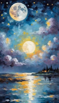 A full moon illuminates a night sky filled with fluffy clouds painted in varying shades of blue, purple, and soft white. Twinkling stars add a magical touch to this serene scene. Generative AI.
