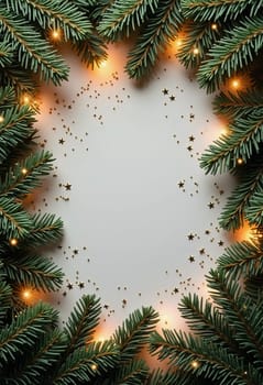 Fir tree branches create a festive border, with scattered golden stars and lights enhancing the joyful atmosphere of Christmas and New Year celebrations, evoking warmth and cheer. Generative AI.