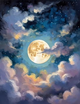 A full moon illuminates a night sky filled with fluffy clouds painted in varying shades of blue, purple, and soft white. Twinkling stars add a magical touch to this serene scene. Generative AI.
