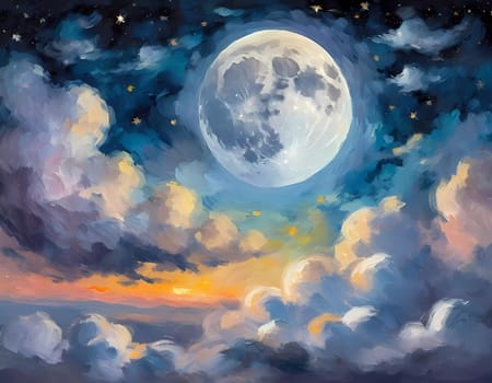 A full moon illuminates a night sky filled with fluffy clouds painted in varying shades of blue, purple, and soft white. Twinkling stars add a magical touch to this serene scene. Generative AI.