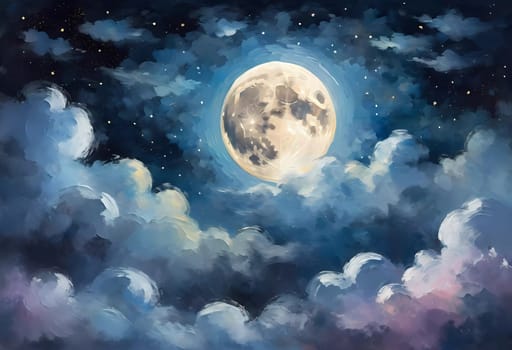 A full moon illuminates a night sky filled with fluffy clouds painted in varying shades of blue, purple, and soft white. Twinkling stars add a magical touch to this serene scene. Generative AI.