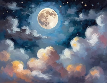A full moon illuminates a night sky filled with fluffy clouds painted in varying shades of blue, purple, and soft white. Twinkling stars add a magical touch to this serene scene. Generative AI.