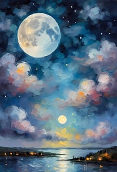 A full moon illuminates a night sky filled with fluffy clouds painted in varying shades of blue, purple, and soft white. Twinkling stars add a magical touch to this serene scene. Generative AI.
