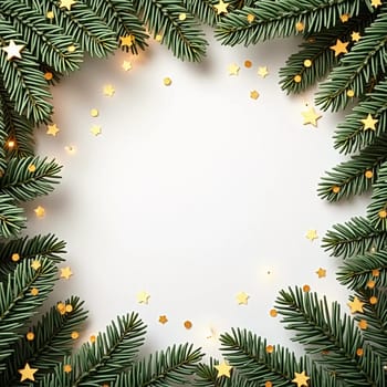 Fir tree branches create a festive border, with scattered golden stars and lights enhancing the joyful atmosphere of Christmas and New Year celebrations, evoking warmth and cheer. Generative AI.