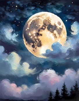A full moon illuminates a night sky filled with fluffy clouds painted in varying shades of blue, purple, and soft white. Twinkling stars add a magical touch to this serene scene. Generative AI.