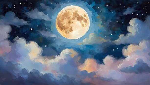 A full moon illuminates a night sky filled with fluffy clouds painted in varying shades of blue, purple, and soft white. Twinkling stars add a magical touch to this serene scene. Generative AI.