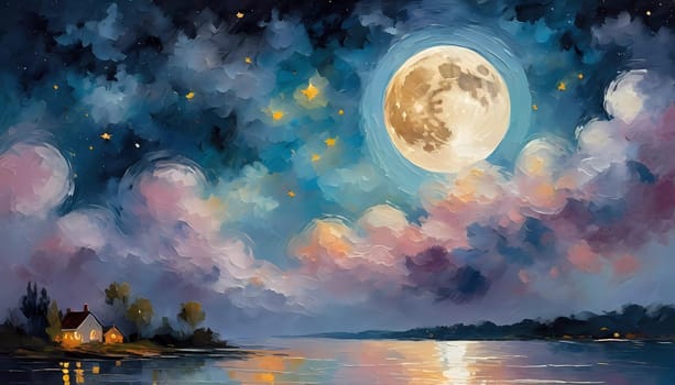 A full moon illuminates a night sky filled with fluffy clouds painted in varying shades of blue, purple, and soft white. Twinkling stars add a magical touch to this serene scene. Generative AI.