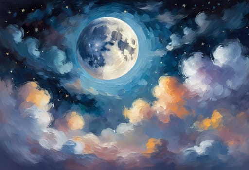 A full moon illuminates a night sky filled with fluffy clouds painted in varying shades of blue, purple, and soft white. Twinkling stars add a magical touch to this serene scene. Generative AI.