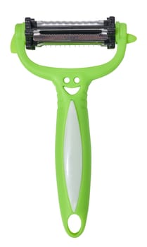 Green plastic vegetable peeler on isolated background, close up