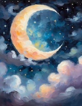 A full moon illuminates a night sky filled with fluffy clouds painted in varying shades of blue, purple, and soft white. Twinkling stars add a magical touch to this serene scene. Generative AI.