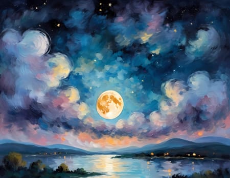 A full moon illuminates a night sky filled with fluffy clouds painted in varying shades of blue, purple, and soft white. Twinkling stars add a magical touch to this serene scene. Generative AI.
