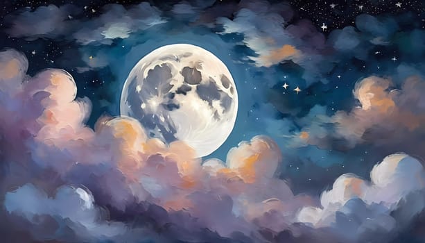 A full moon illuminates a night sky filled with fluffy clouds painted in varying shades of blue, purple, and soft white. Twinkling stars add a magical touch to this serene scene. Generative AI.