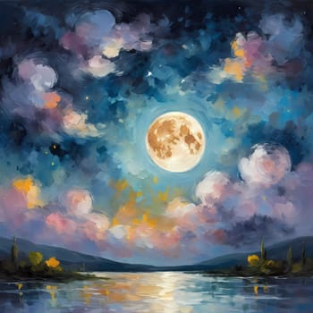 A full moon illuminates a night sky filled with fluffy clouds painted in varying shades of blue, purple, and soft white. Twinkling stars add a magical touch to this serene scene. Generative AI.