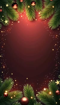 Beautiful arrangement of fir tree branches framing a warm red background, adorned with sparkling stars and ornaments, perfect for festive designs or holiday greetings. Generative AI.