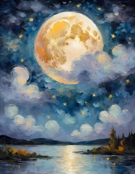 A full moon illuminates a night sky filled with fluffy clouds painted in varying shades of blue, purple, and soft white. Twinkling stars add a magical touch to this serene scene. Generative AI.