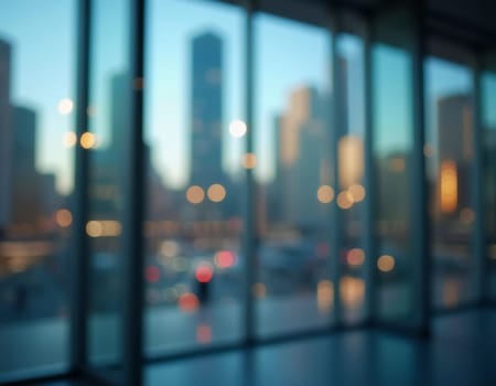 A blurred perspective showcases a modern city skyline through a glass wall during twilight, revealing the vibrancy and complexity of urban life. The fading light reflects city energy. Generative AI.