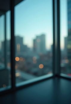 A blurred perspective showcases a modern city skyline through a glass wall during twilight, revealing the vibrancy and complexity of urban life. The fading light reflects city energy. Generative AI.