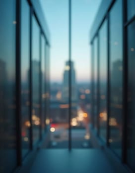 A blurred perspective showcases a modern city skyline through a glass wall during twilight, revealing the vibrancy and complexity of urban life. The fading light reflects city energy. Generative AI.