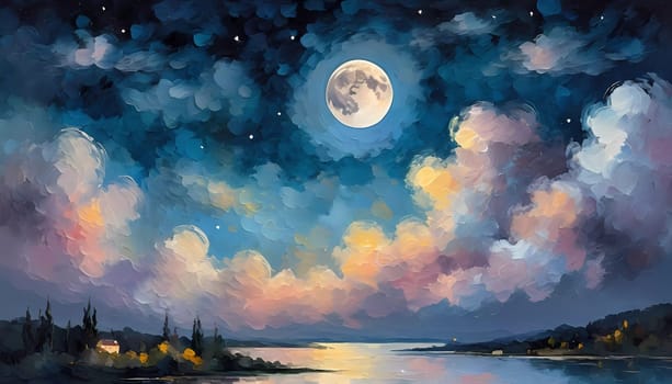 A full moon illuminates a night sky filled with fluffy clouds painted in varying shades of blue, purple, and soft white. Twinkling stars add a magical touch to this serene scene. Generative AI.