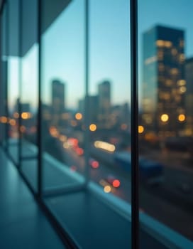 A blurred perspective showcases a modern city skyline through a glass wall during twilight, revealing the vibrancy and complexity of urban life. The fading light reflects city energy. Generative AI.