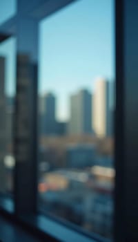 A blurred perspective showcases a modern city skyline through a glass wall during twilight, revealing the vibrancy and complexity of urban life. The fading light reflects city energy. Generative AI.