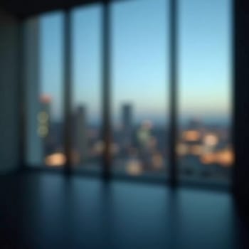A blurred perspective showcases a modern city skyline through a glass wall during twilight, revealing the vibrancy and complexity of urban life. The fading light reflects city energy. Generative AI.