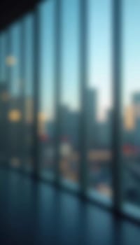 A blurred perspective showcases a modern city skyline through a glass wall during twilight, revealing the vibrancy and complexity of urban life. The fading light reflects city energy. Generative AI.