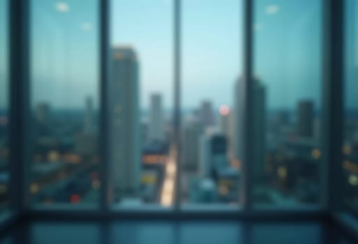 A blurred perspective showcases a modern city skyline through a glass wall during twilight, revealing the vibrancy and complexity of urban life. The fading light reflects city energy. Generative AI.