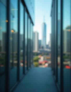 A blurred perspective showcases a modern city skyline through a glass wall during twilight, revealing the vibrancy and complexity of urban life. The fading light reflects city energy. Generative AI.