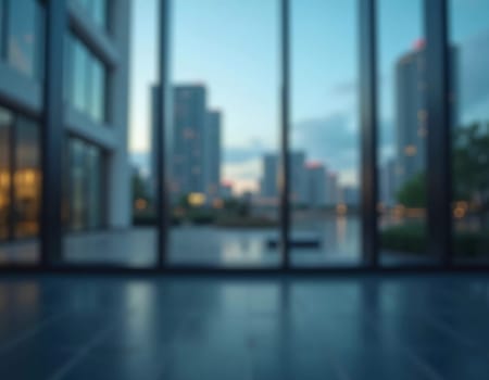 A blurred perspective showcases a modern city skyline through a glass wall during twilight, revealing the vibrancy and complexity of urban life. The fading light reflects city energy. Generative AI.