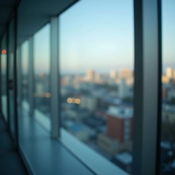 A blurred perspective showcases a modern city skyline through a glass wall during twilight, revealing the vibrancy and complexity of urban life. The fading light reflects city energy. Generative AI.