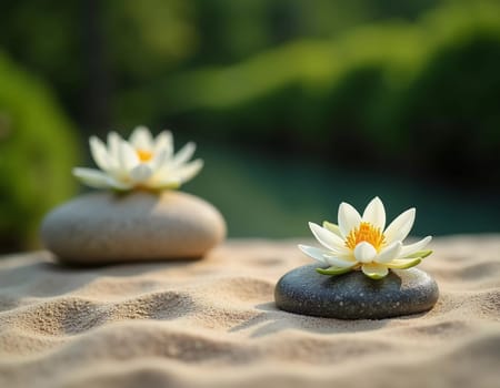 Smooth stones are carefully stacked beside a delicate white lily in a serene garden setting. Soft sunlight filters through the greenery, enhancing the peaceful vibe. Generative AI.