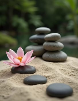 Smooth stones are carefully stacked beside a delicate white pink lily in a serene garden setting. Soft sunlight filters through the greenery, enhancing the peaceful vibe. Generative AI.