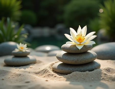 Smooth stones are carefully stacked beside a delicate white lily in a serene garden setting. Soft sunlight filters through the greenery, enhancing the peaceful vibe. Generative AI.