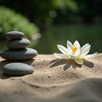Smooth stones are carefully stacked beside a delicate white lily in a serene garden setting. Soft sunlight filters through the greenery, enhancing the peaceful vibe. Generative AI.