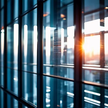 A modern urban landscape is partially obscured by a blurred glass wall. Vibrant reflections suggest evening light creating an abstract portrayal of a city skyline. Perspective. Generative AI.