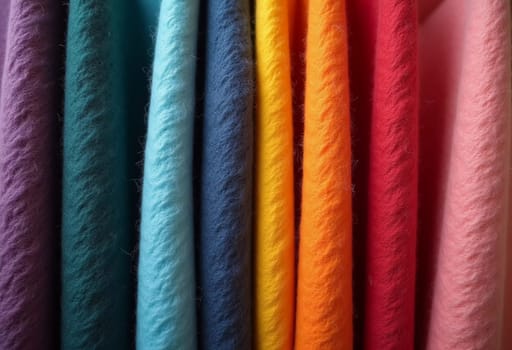 Various samples of woolen fabric in different colors are neatly organized, showcasing a vibrant palette ideal for textile design and creative projects. Generative AI.