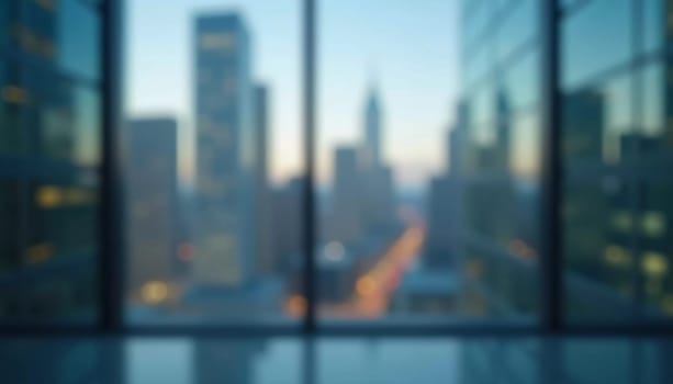 A blurred perspective showcases a modern city skyline through a glass wall during twilight, revealing the vibrancy and complexity of urban life. The fading light reflects city energy. Generative AI.