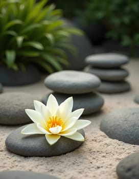 Smooth stones are carefully stacked beside a delicate white lily in a serene garden setting. Soft sunlight filters through the greenery, enhancing the peaceful vibe. Generative AI.