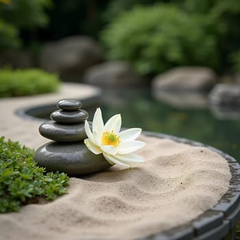 Smooth stones are carefully stacked beside a delicate white lily in a serene garden setting. Soft sunlight filters through the greenery, enhancing the peaceful vibe. Generative AI.