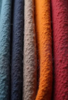 Various samples of woolen fabric in different colors are neatly organized, showcasing a vibrant palette ideal for textile design and creative projects. Generative AI.