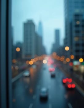 A blurred perspective showcases a modern city skyline through a glass wall during twilight, revealing the vibrancy and complexity of urban life. The fading light reflects city energy. Generative AI.