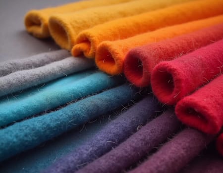 Various samples of woolen fabric in different colors are neatly organized, showcasing a vibrant palette ideal for textile design and creative projects. Generative AI.