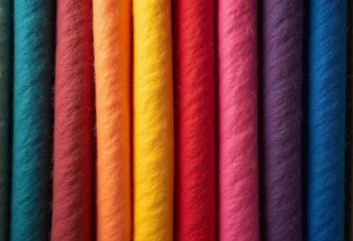 Various samples of woolen fabric in different colors are neatly organized, showcasing a vibrant palette ideal for textile design and creative projects. Generative AI.