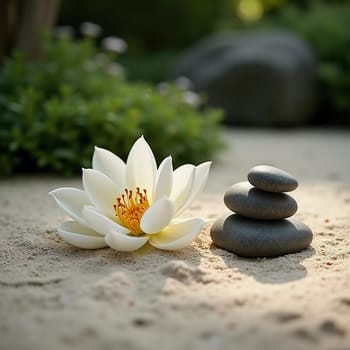 Smooth stones are carefully stacked beside a delicate white lily in a serene garden setting. Soft sunlight filters through the greenery, enhancing the peaceful vibe. Generative AI.
