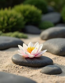Smooth stones are carefully stacked beside a delicate white pink lily in a serene garden setting. Soft sunlight filters through the greenery, enhancing the peaceful vibe. Generative AI.